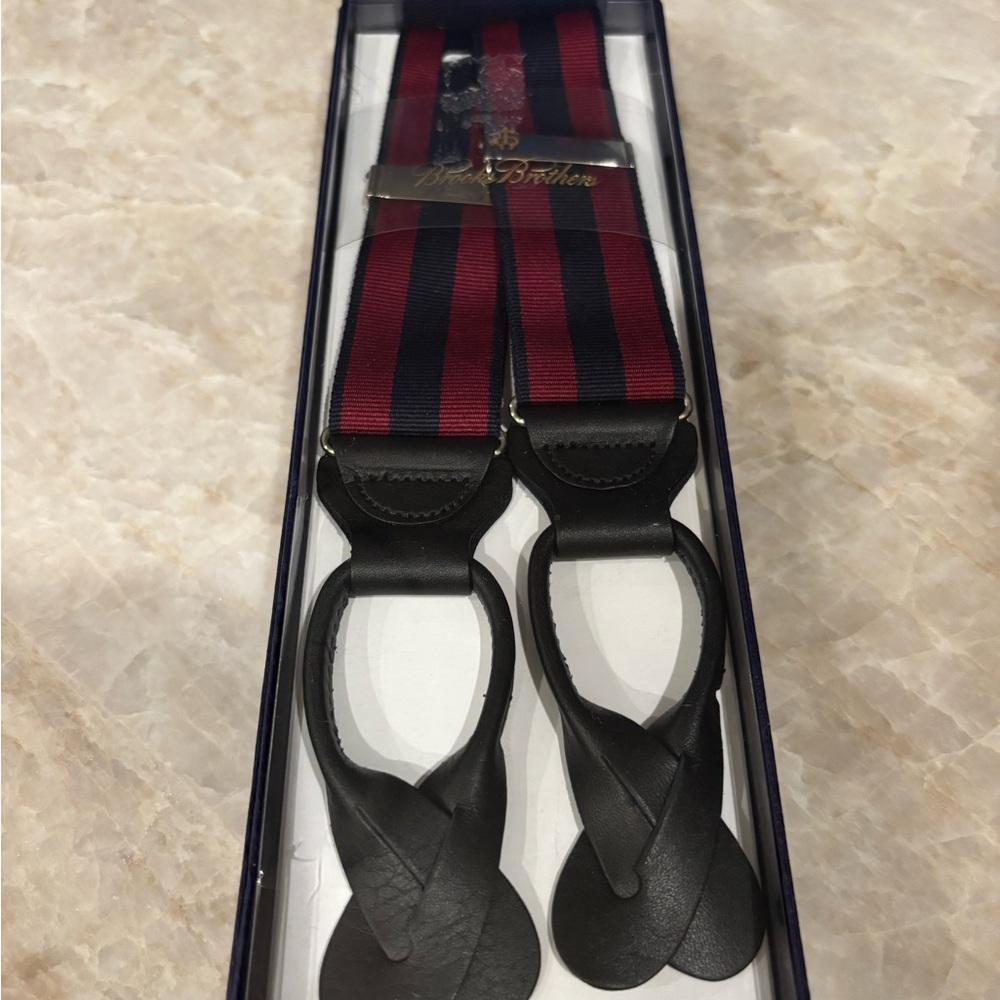 Brooks Brothers Black and Red Suspenders with Leather Attachments